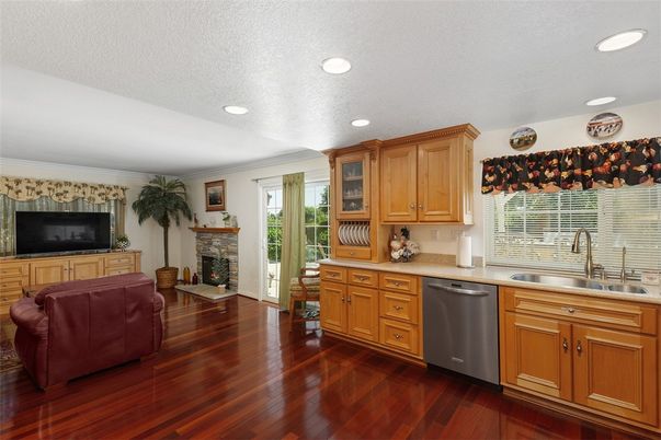 Fireplace, Interior, Kitchen, Recessed Lighting, Wood Texture Flooring