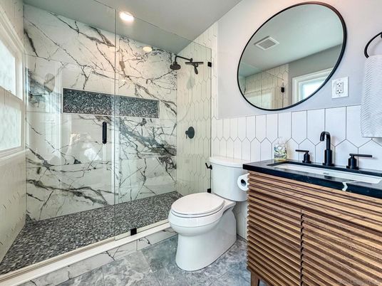 Bathroom, Glass Shower, Interior, Marble Walls, Recessed Lighting