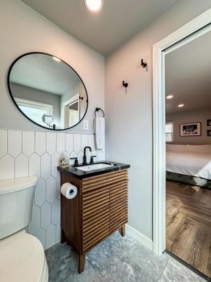 Bathroom, Interior, Recessed Lighting, Wood Texture Flooring