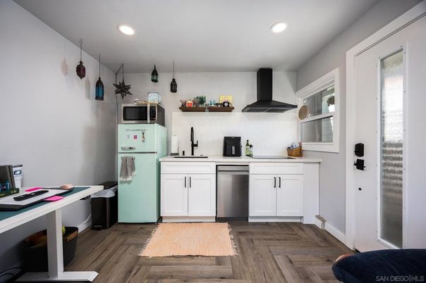 Interior, Kitchen, Recessed Lighting, Stainless Steel Appliances, Wood Texture Flooring