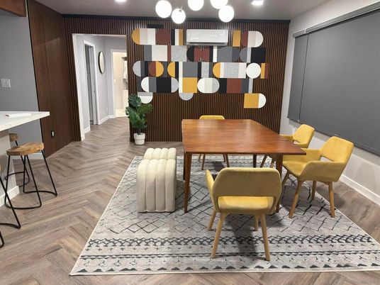 Dining room, Interior, Pendant Lights, Recessed Lighting, Wood Texture Flooring