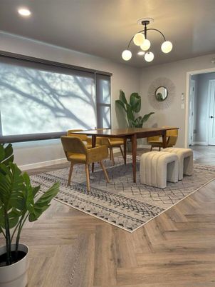 Dining room, Interior, Pendant Lights, Recessed Lighting, Wood Texture Flooring