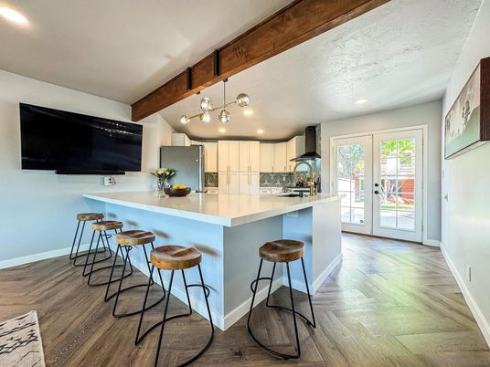 Interior, Kitchen, Pendant Lights, Recessed Lighting, Wooden Beams, Wood Texture Flooring