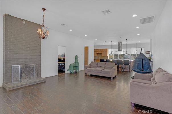 Dining room, Interior, Kitchen, Living room, Pendant Lights, Recessed Lighting, Stone Walls, Wood Texture Flooring