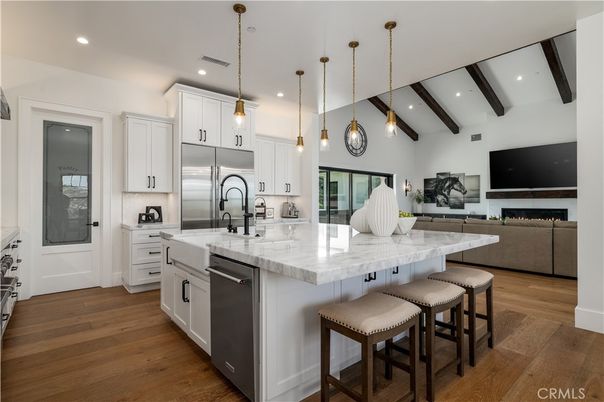 Interior, Kitchen, Pendant Lights, Recessed Lighting, Stainless Steel Appliances, Wooden Beams, Wood Texture Flooring