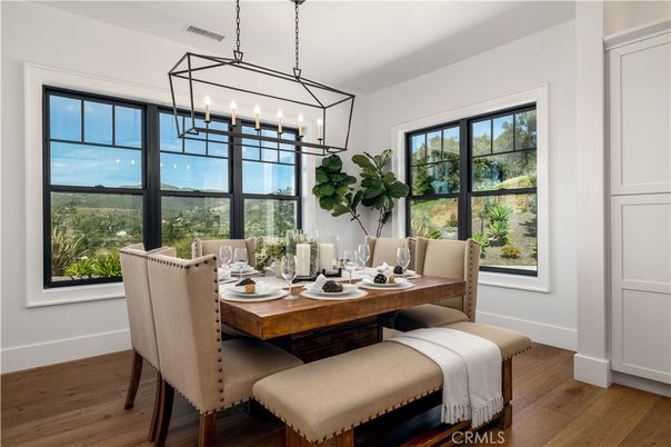 Dining room, Interior, Pendant Lights, Wood Texture Flooring