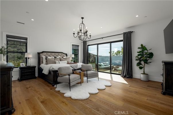 Bedroom, Chandelier, Interior, Recessed Lighting, Wood Texture Flooring