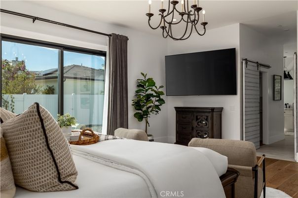 Bedroom, Chandelier, Interior, Wood Texture Flooring