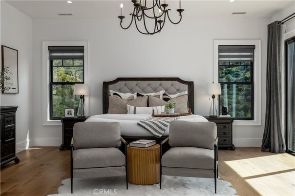 Bedroom, Chandelier, Interior, Recessed Lighting, Wood Texture Flooring