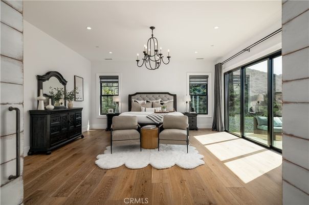 Bedroom, Chandelier, Interior, Recessed Lighting, Wood Texture Flooring