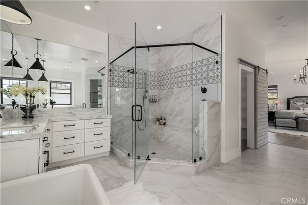 Bathroom, Bedroom, Glass Shower, Interior, Marble, Marble Walls, Pendant Lights, Recessed Lighting