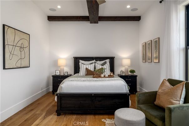 Bedroom, Interior, Recessed Lighting, Wooden Beams, Wood Texture Flooring