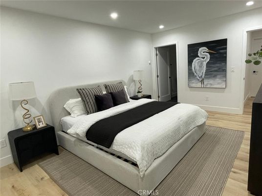 Bedroom, Interior, Recessed Lighting, Wood Texture Flooring