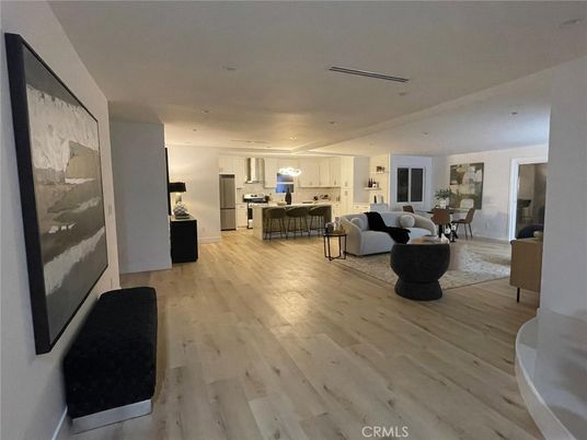 Dining room, Interior, Kitchen, Living room, Recessed Lighting, Stainless Steel Appliances, Wood Texture Flooring