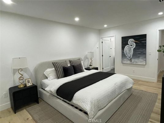 Bedroom, Interior, Recessed Lighting, Wood Texture Flooring