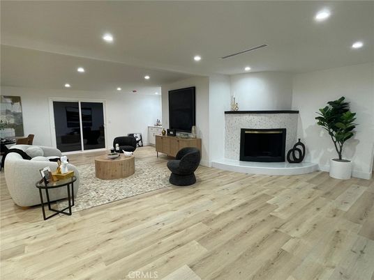 Fireplace, Interior, Living room, Recessed Lighting, Wood Texture Flooring