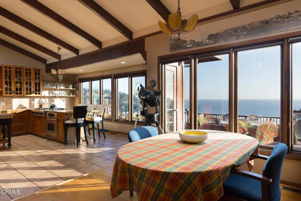 Dining room, Interior, Kitchen, Pendant Lights, Recessed Lighting, Water, Wooden Beams