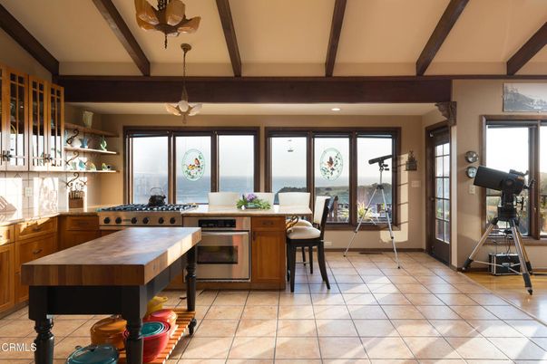 Dining room, Interior, Kitchen, Recessed Lighting, Stainless Steel Appliances, Water, Wooden Beams