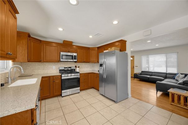 Interior, Kitchen, Living room, Recessed Lighting, Stainless Steel Appliances, Wood Texture Flooring