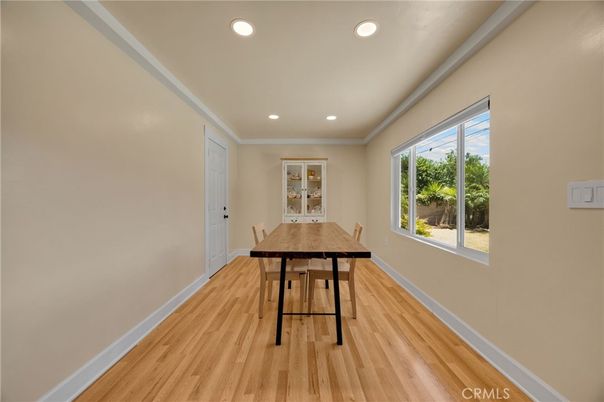 Dining room, Interior, Recessed Lighting, Wood Texture Flooring