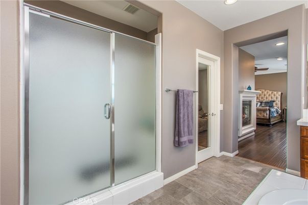 Bathroom, Fireplace, Glass Shower, Interior, Recessed Lighting, Wood Texture Flooring
