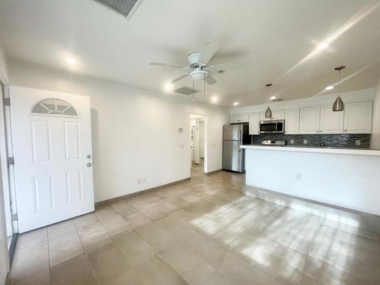 Empty room, Interior, Kitchen, Pendant Lights, Recessed Lighting, Stainless Steel Appliances