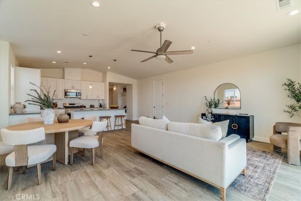 Dining room, Interior, Kitchen, Living room, Pendant Lights, Recessed Lighting, Stainless Steel Appliances, Wood Texture Flooring