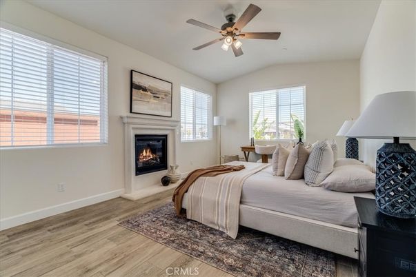 Bedroom, Fireplace, Interior, Wood Texture Flooring