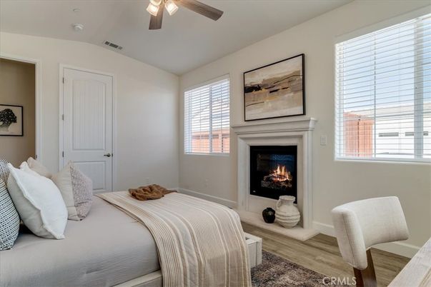 Bedroom, Fireplace, Interior, Wood Texture Flooring