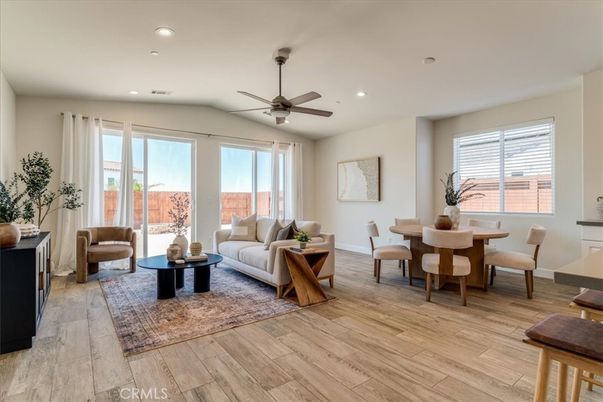 Dining room, Interior, Living room, Recessed Lighting, Wood Texture Flooring