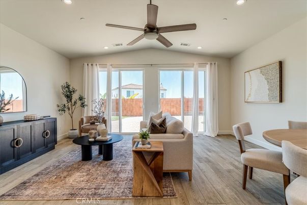 Dining room, Interior, Living room, Recessed Lighting, Wood Texture Flooring