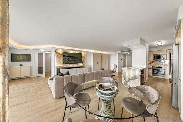 Interior, Kitchen, Living room, Recessed Lighting, Stainless Steel Appliances, Wood Texture Flooring
