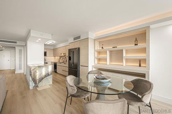 Dining room, Interior, Kitchen, Recessed Lighting, Stainless Steel Appliances, Wood Texture Flooring