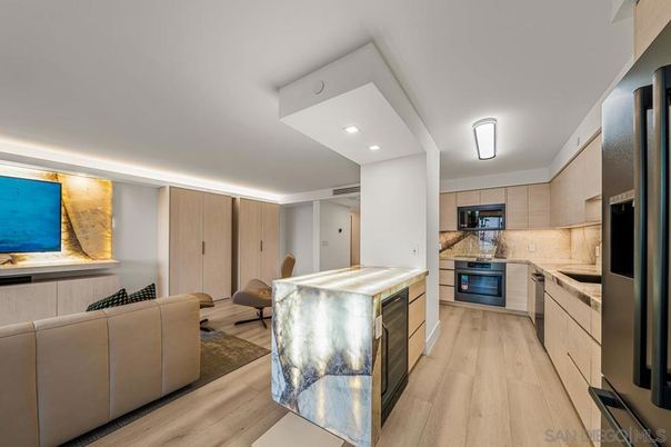 Interior, Kitchen, Living room, Recessed Lighting, Stainless Steel Appliances, Wood Texture Flooring