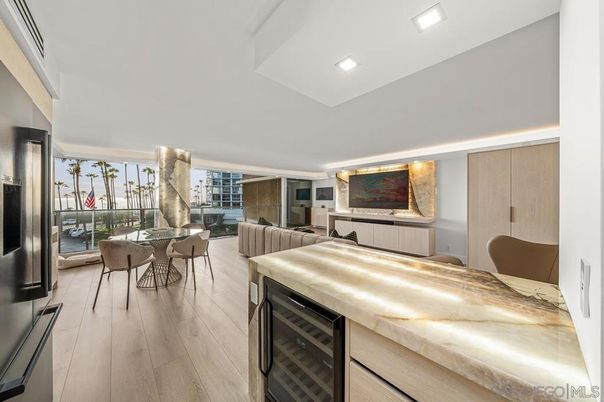 Dining room, Interior, Living room, Recessed Lighting, Wood Texture Flooring