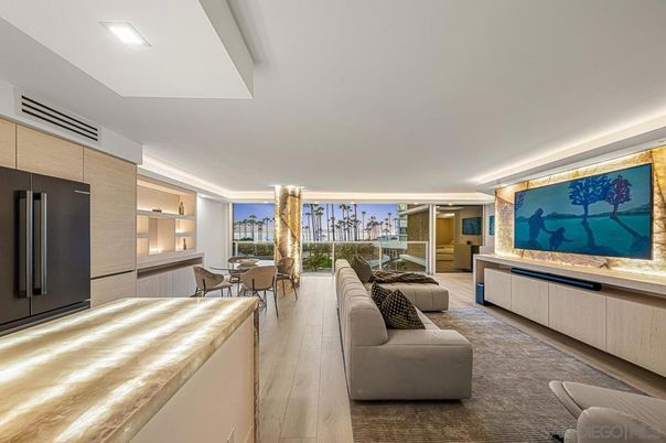 Dining room, Interior, Living room, Recessed Lighting, Water, Wood Texture Flooring