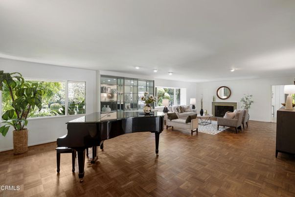 Fireplace, Interior, Living room, Piano, Recessed Lighting, Wood Texture Flooring