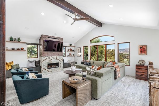 Fireplace, Interior, Living room, Recessed Lighting, Wooden Beams