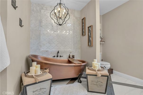 Bathroom, Free Standing Baths, Interior, Marble Walls, Pendant Lights