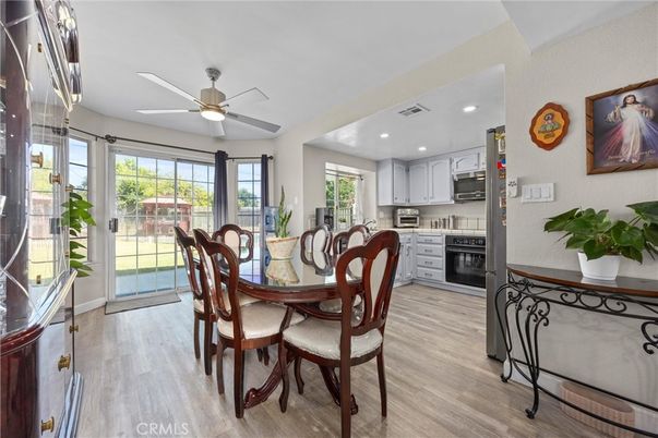 Dining room, Interior, Kitchen, Recessed Lighting, Stainless Steel Appliances, Wood Texture Flooring