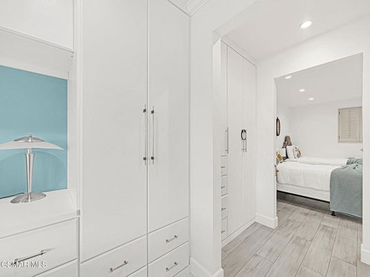 Bedroom, Interior, Recessed Lighting, Wood Texture Flooring