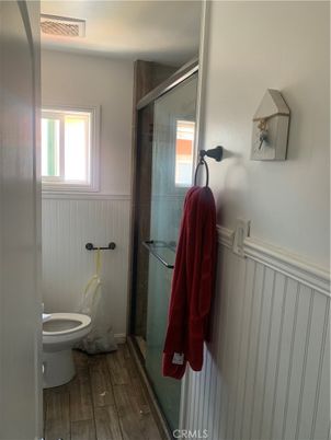 Bathroom, Glass Shower, Interior, Wood Texture Flooring