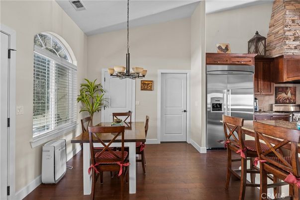 Dining room, Interior, Kitchen, Pendant Lights, Stainless Steel Appliances, Wood Texture Flooring