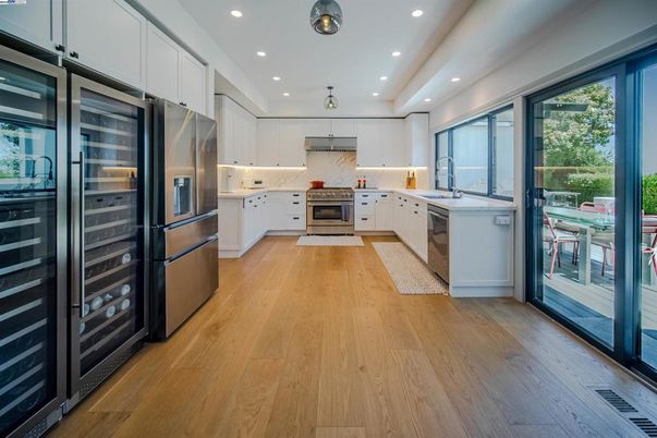 Interior, Kitchen, Pendant Lights, Recessed Lighting, Stainless Steel Appliances, Wood Texture Flooring