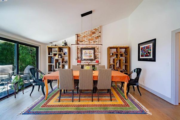 Dining room, Interior, Pendant Lights, Stone Walls, Wood Texture Flooring