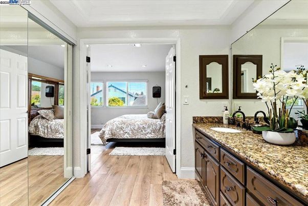 Bathroom, Bedroom, Dual Sink Vanities, Interior, Recessed Lighting, Wood Texture Flooring