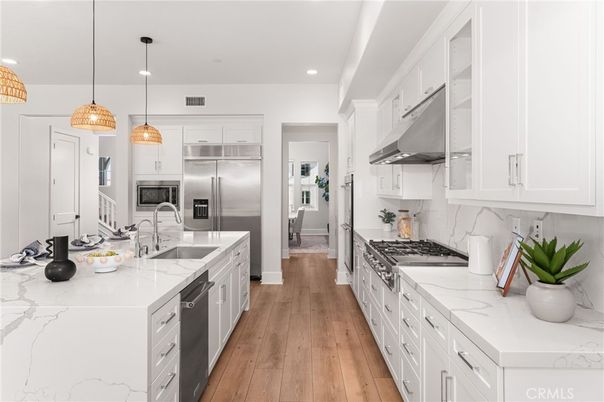 Interior, Kitchen, Pendant Lights, Recessed Lighting, Stainless Steel Appliances, Wood Texture Flooring
