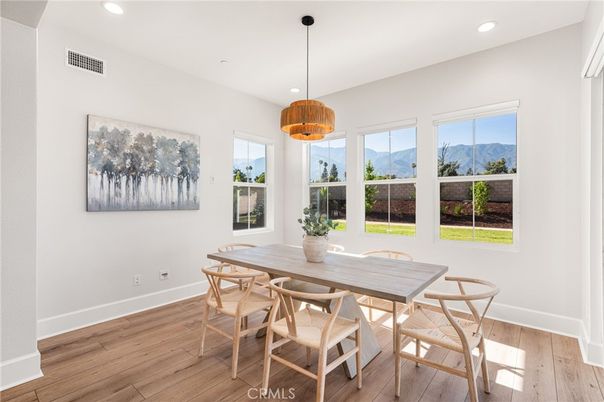 Dining room, Interior, Pendant Lights, Recessed Lighting, Wood Texture Flooring