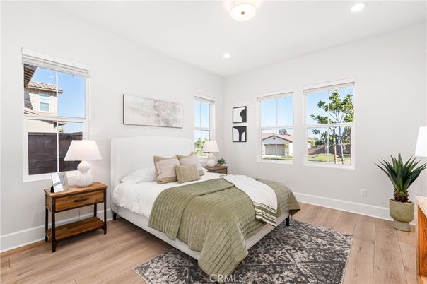 Bedroom, Interior, Recessed Lighting, Wood Texture Flooring