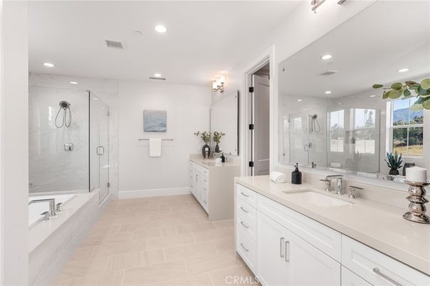 Bathroom, Dual Sink Vanities, Glass Shower, Interior, Marble Walls, Recessed Lighting